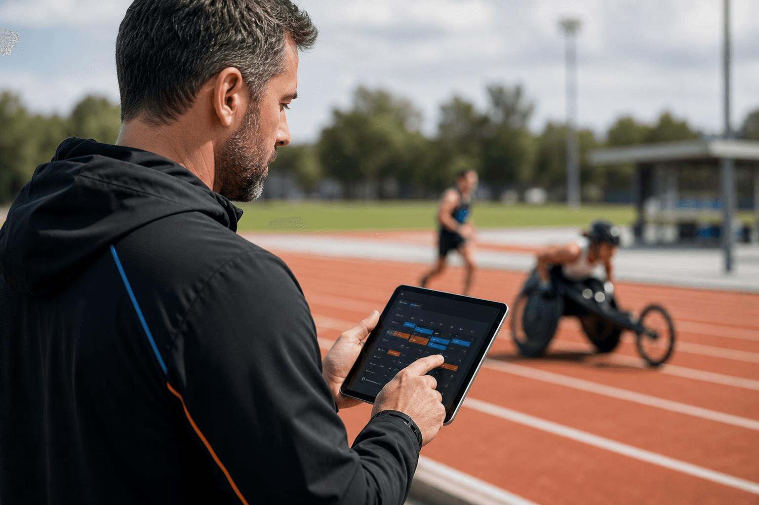 A coach reviewing live training data on a tablet trackside as athletes train.